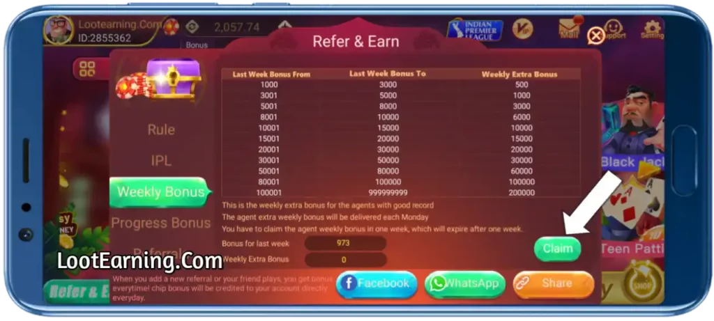 rummy model app weekly bonus