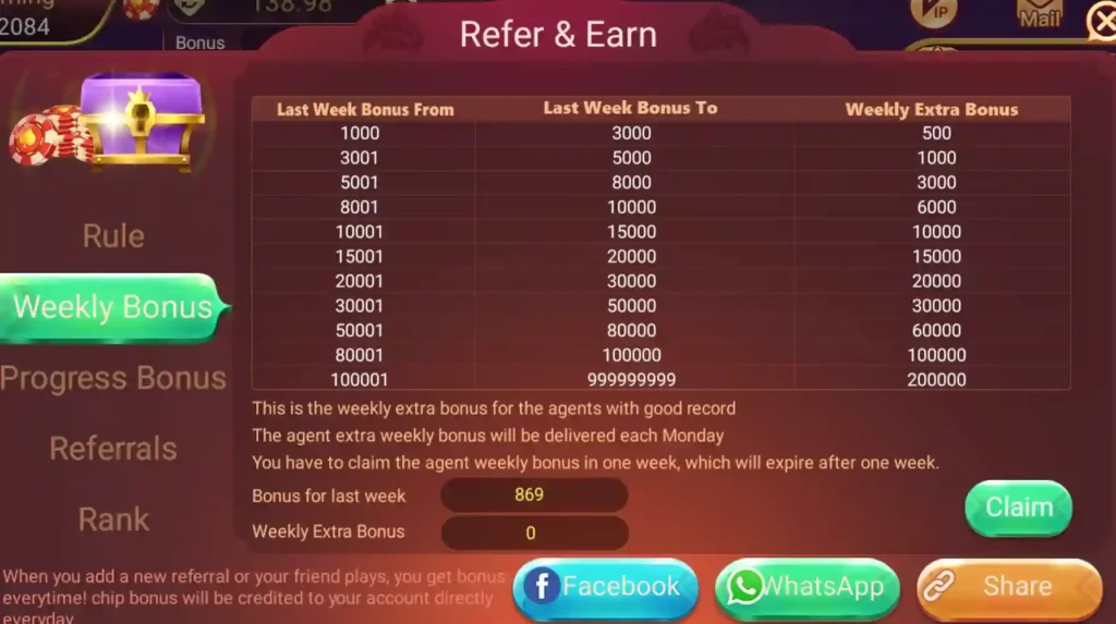 Rummy Ares Game Weekly Bonus