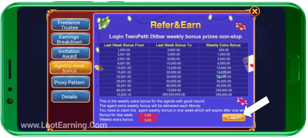 Teen Patti DIlbar Agent Weekly Bonus