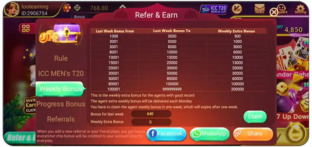 teen patti app agent weekly bonus