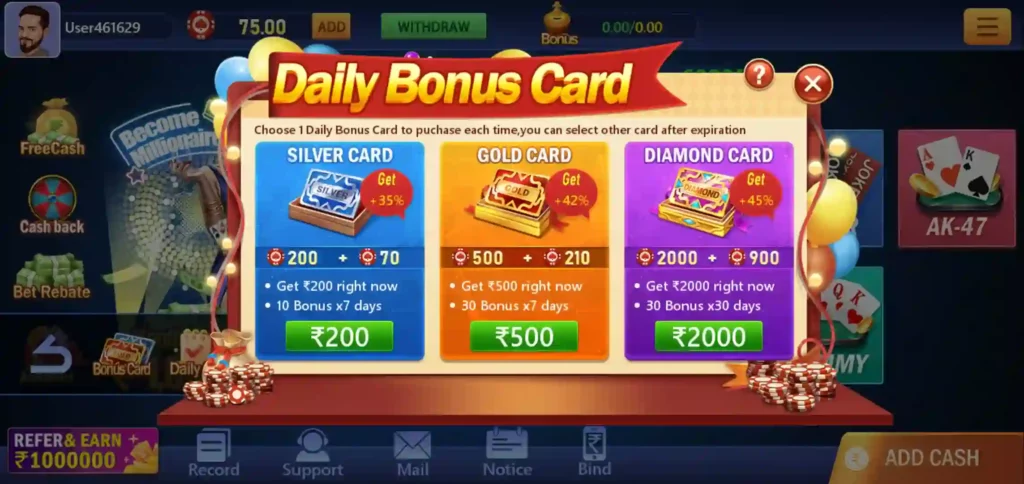 Daily Bonus Card in Casino Teen Patti